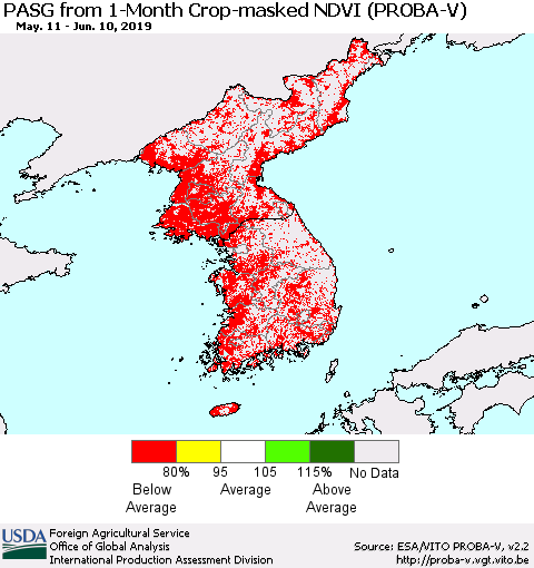 Korea PASG from 1-Month Crop-masked NDVI (PROBA-V) Thematic Map For 6/1/2019 - 6/10/2019