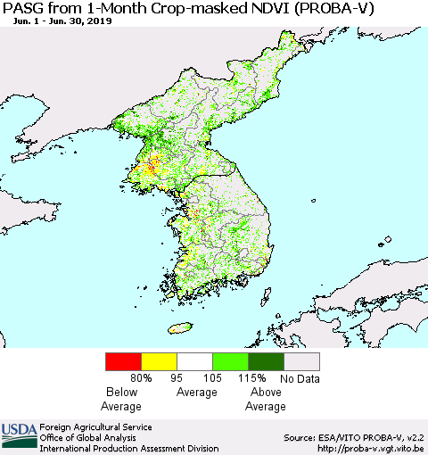 Korea PASG from 1-Month Crop-masked NDVI (PROBA-V) Thematic Map For 6/21/2019 - 6/30/2019