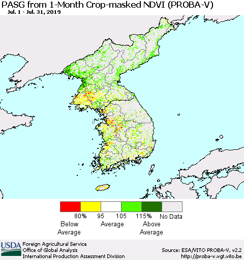 Korea PASG from 1-Month Crop-masked NDVI (PROBA-V) Thematic Map For 7/21/2019 - 7/31/2019