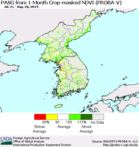 Korea PASG from 1-Month Crop-masked NDVI (PROBA-V) Thematic Map For 8/11/2019 - 8/20/2019