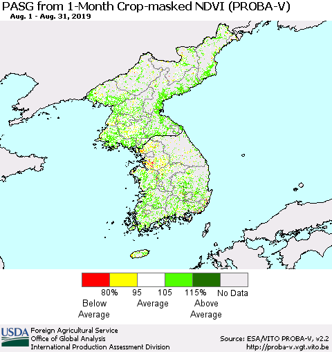 Korea PASG from 1-Month Crop-masked NDVI (PROBA-V) Thematic Map For 8/21/2019 - 8/31/2019