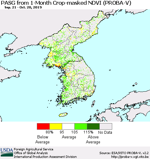 Korea PASG from 1-Month Crop-masked NDVI (PROBA-V) Thematic Map For 10/11/2019 - 10/20/2019