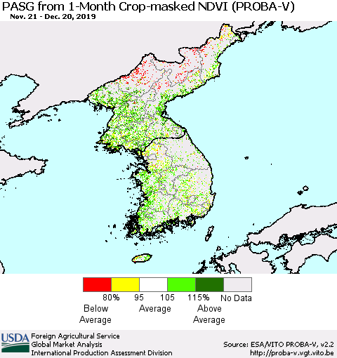 Korea PASG from 1-Month Crop-masked NDVI (PROBA-V) Thematic Map For 12/11/2019 - 12/20/2019