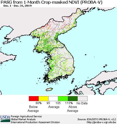 Korea PASG from 1-Month Crop-masked NDVI (PROBA-V) Thematic Map For 12/21/2019 - 12/31/2019