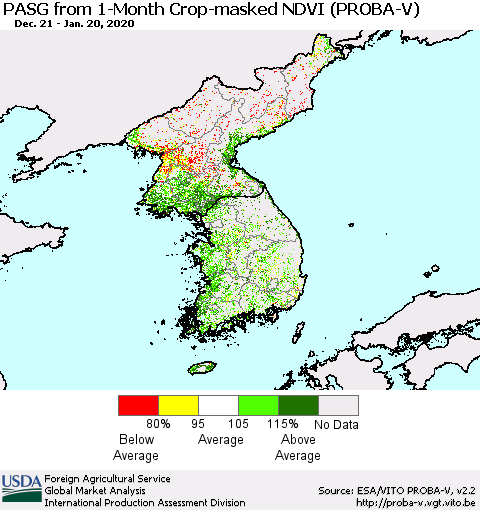 Korea PASG from 1-Month Crop-masked NDVI (PROBA-V) Thematic Map For 1/11/2020 - 1/20/2020