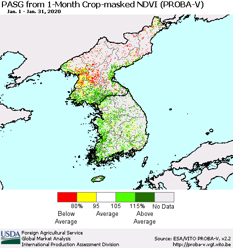 Korea PASG from 1-Month Crop-masked NDVI (PROBA-V) Thematic Map For 1/21/2020 - 1/31/2020