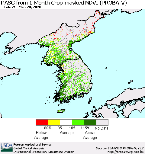 Korea PASG from 1-Month Crop-masked NDVI (PROBA-V) Thematic Map For 3/11/2020 - 3/20/2020
