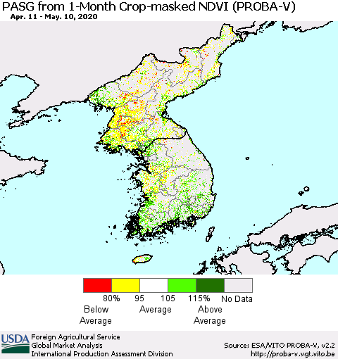 Korea PASG from 1-Month Crop-masked NDVI (PROBA-V) Thematic Map For 5/1/2020 - 5/10/2020
