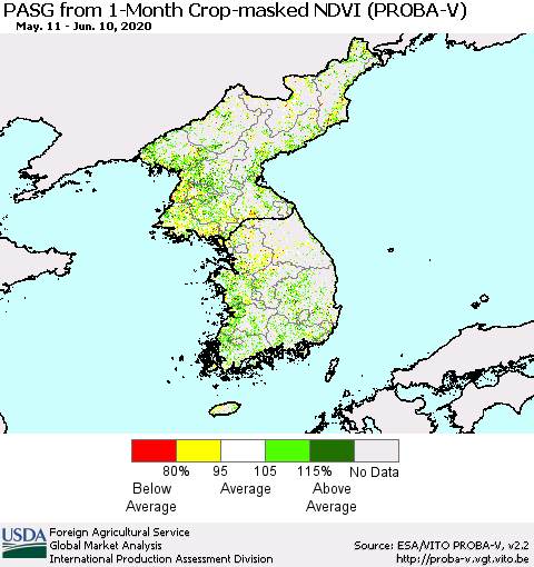Korea PASG from 1-Month Crop-masked NDVI (PROBA-V) Thematic Map For 6/1/2020 - 6/10/2020
