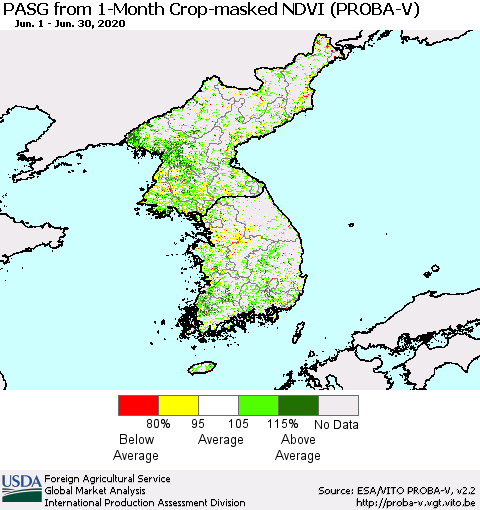 Korea PASG from 1-Month Crop-masked NDVI (PROBA-V) Thematic Map For 6/21/2020 - 6/30/2020