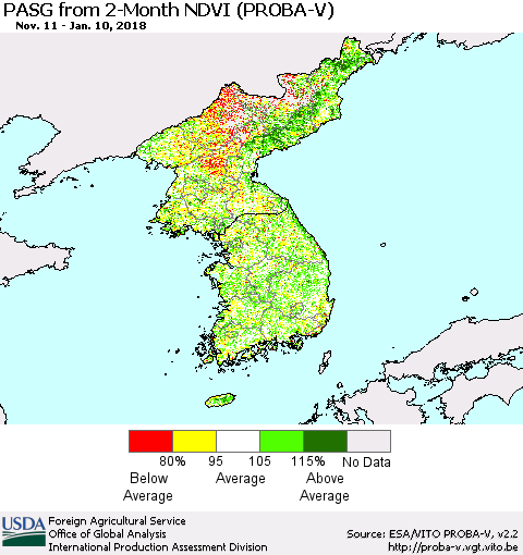 Korea PASG from 2-Month NDVI (PROBA-V) Thematic Map For 1/1/2018 - 1/10/2018