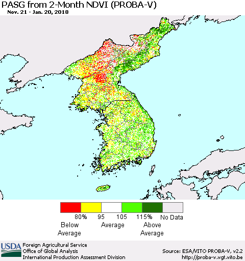 Korea PASG from 2-Month NDVI (PROBA-V) Thematic Map For 1/11/2018 - 1/20/2018