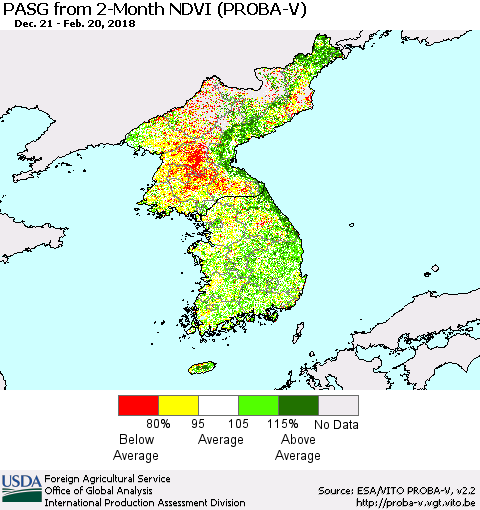 Korea PASG from 2-Month NDVI (PROBA-V) Thematic Map For 2/11/2018 - 2/20/2018