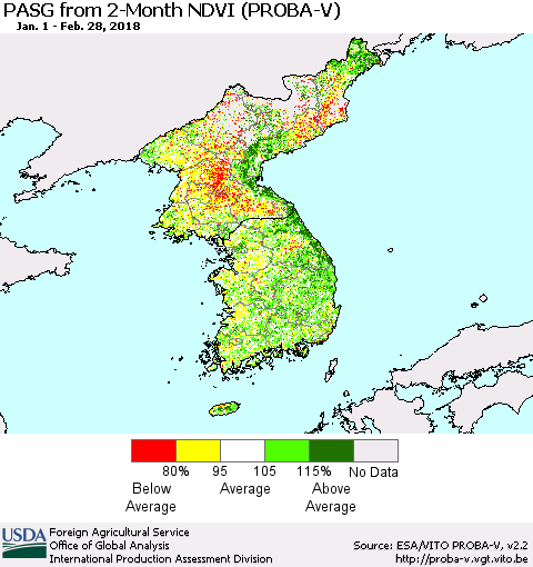 Korea PASG from 2-Month NDVI (PROBA-V) Thematic Map For 2/21/2018 - 2/28/2018