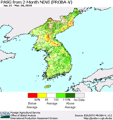 Korea PASG from 2-Month NDVI (PROBA-V) Thematic Map For 3/11/2018 - 3/20/2018