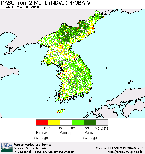 Korea PASG from 2-Month NDVI (PROBA-V) Thematic Map For 3/21/2018 - 3/31/2018