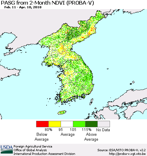 Korea PASG from 2-Month NDVI (PROBA-V) Thematic Map For 4/1/2018 - 4/10/2018