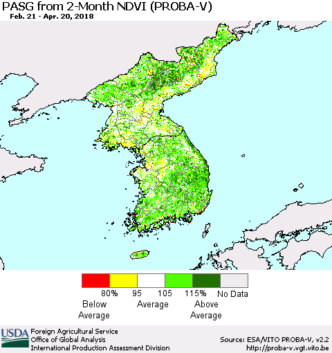 Korea PASG from 2-Month NDVI (PROBA-V) Thematic Map For 4/11/2018 - 4/20/2018