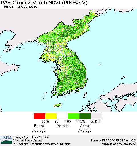 Korea PASG from 2-Month NDVI (PROBA-V) Thematic Map For 4/21/2018 - 4/30/2018