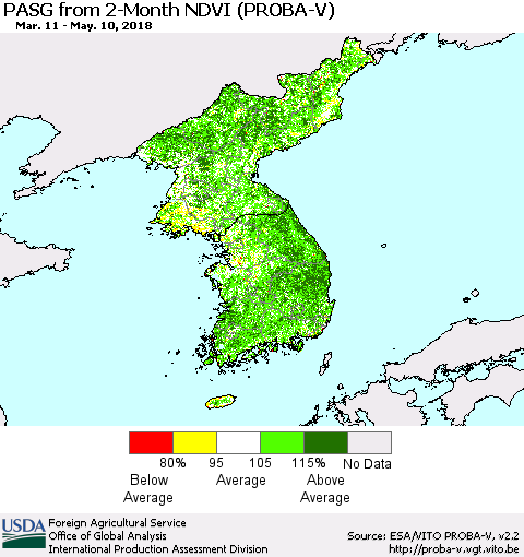 Korea PASG from 2-Month NDVI (PROBA-V) Thematic Map For 5/1/2018 - 5/10/2018