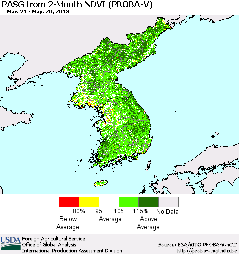 Korea PASG from 2-Month NDVI (PROBA-V) Thematic Map For 5/11/2018 - 5/20/2018