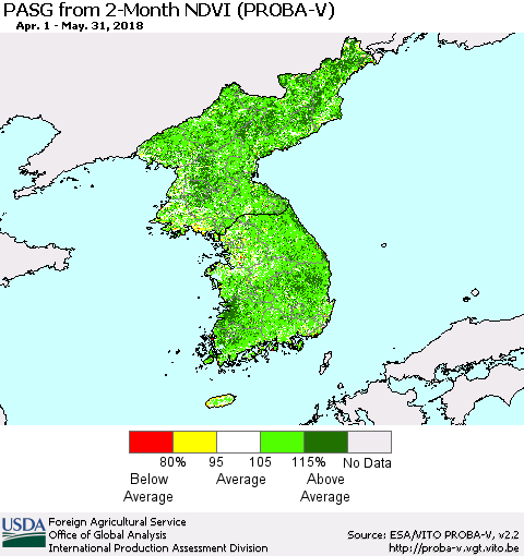 Korea PASG from 2-Month NDVI (PROBA-V) Thematic Map For 5/21/2018 - 5/31/2018