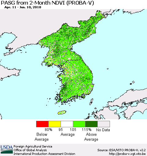 Korea PASG from 2-Month NDVI (PROBA-V) Thematic Map For 6/1/2018 - 6/10/2018