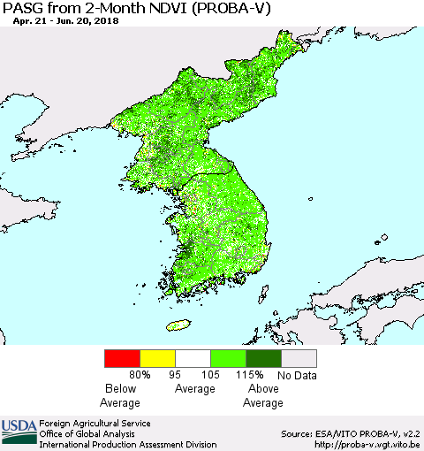 Korea PASG from 2-Month NDVI (PROBA-V) Thematic Map For 6/11/2018 - 6/20/2018