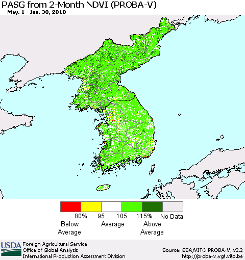 Korea PASG from 2-Month NDVI (PROBA-V) Thematic Map For 6/21/2018 - 6/30/2018