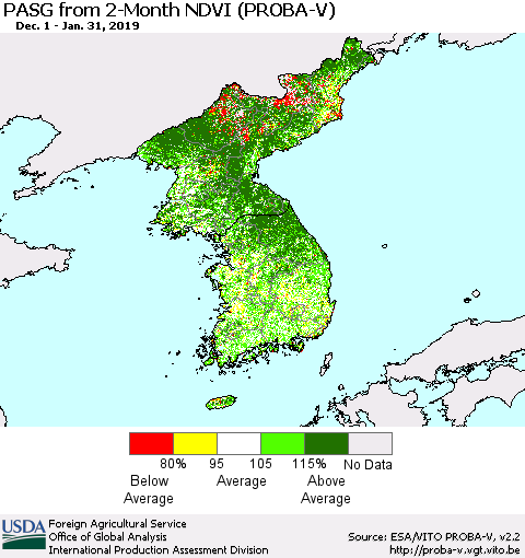 Korea PASG from 2-Month NDVI (PROBA-V) Thematic Map For 1/21/2019 - 1/31/2019