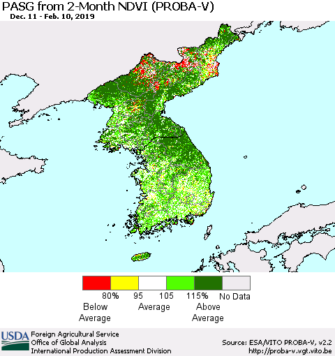 Korea PASG from 2-Month NDVI (PROBA-V) Thematic Map For 2/1/2019 - 2/10/2019