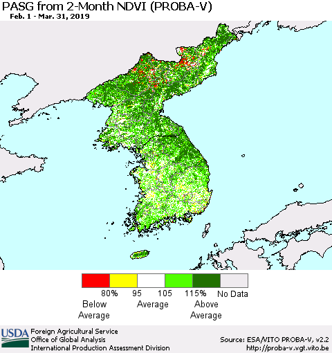 Korea PASG from 2-Month NDVI (PROBA-V) Thematic Map For 3/21/2019 - 3/31/2019