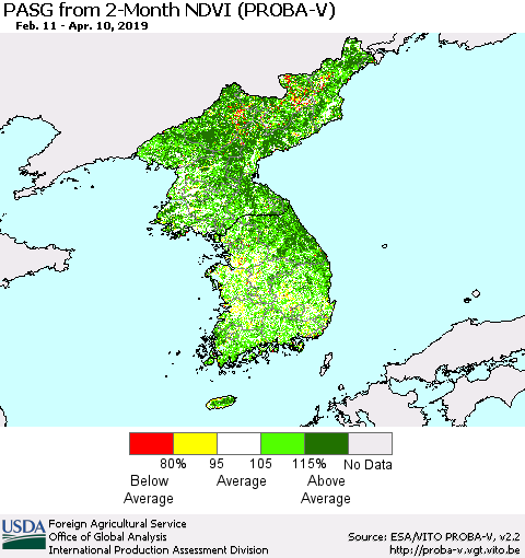 Korea PASG from 2-Month NDVI (PROBA-V) Thematic Map For 4/1/2019 - 4/10/2019