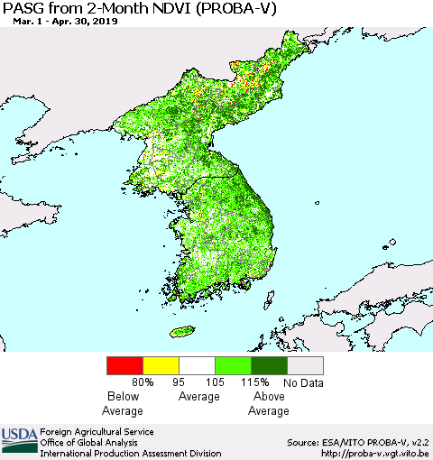 Korea PASG from 2-Month NDVI (PROBA-V) Thematic Map For 4/21/2019 - 4/30/2019