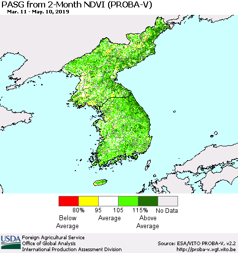 Korea PASG from 2-Month NDVI (PROBA-V) Thematic Map For 5/1/2019 - 5/10/2019