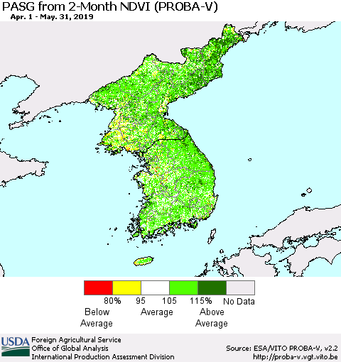 Korea PASG from 2-Month NDVI (PROBA-V) Thematic Map For 5/21/2019 - 5/31/2019