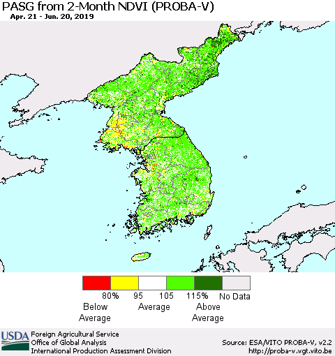 Korea PASG from 2-Month NDVI (PROBA-V) Thematic Map For 6/11/2019 - 6/20/2019