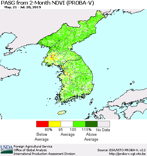 Korea PASG from 2-Month NDVI (PROBA-V) Thematic Map For 7/11/2019 - 7/20/2019