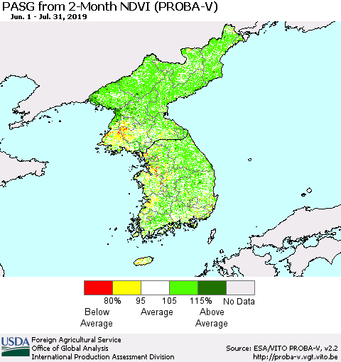 Korea PASG from 2-Month NDVI (PROBA-V) Thematic Map For 7/21/2019 - 7/31/2019