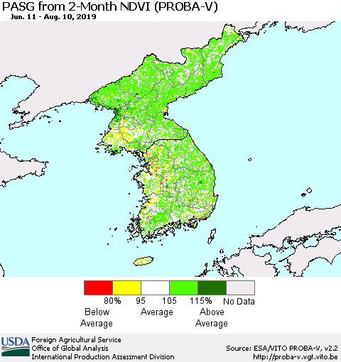 Korea PASG from 2-Month NDVI (PROBA-V) Thematic Map For 8/1/2019 - 8/10/2019