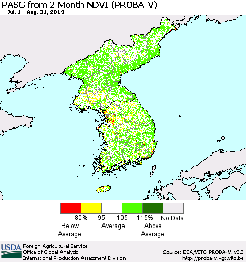 Korea PASG from 2-Month NDVI (PROBA-V) Thematic Map For 8/21/2019 - 8/31/2019