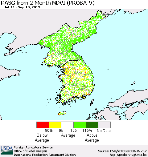 Korea PASG from 2-Month NDVI (PROBA-V) Thematic Map For 9/1/2019 - 9/10/2019