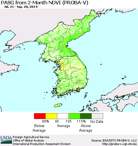 Korea PASG from 2-Month NDVI (PROBA-V) Thematic Map For 9/11/2019 - 9/20/2019