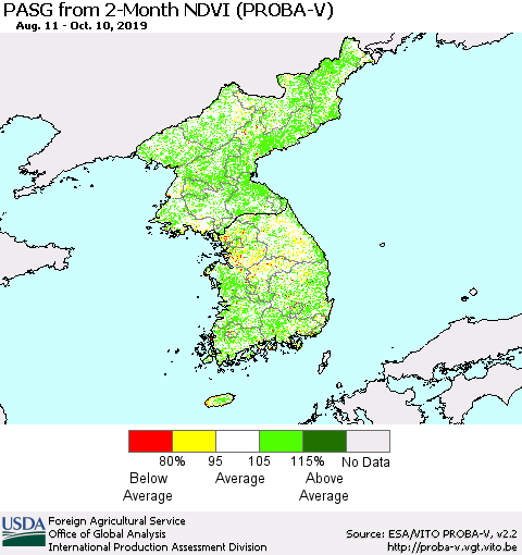 Korea PASG from 2-Month NDVI (PROBA-V) Thematic Map For 10/1/2019 - 10/10/2019