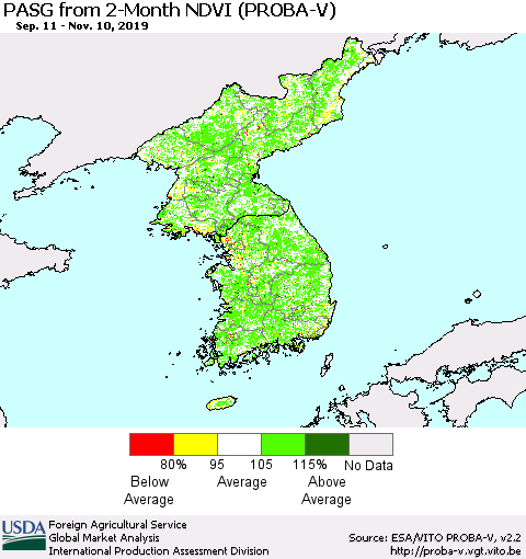 Korea PASG from 2-Month NDVI (PROBA-V) Thematic Map For 11/1/2019 - 11/10/2019