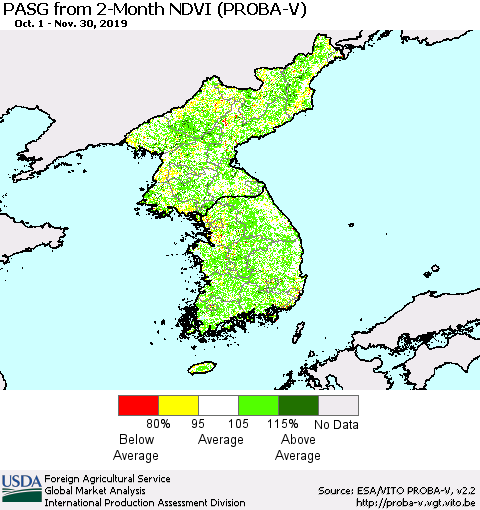 Korea PASG from 2-Month NDVI (PROBA-V) Thematic Map For 11/21/2019 - 11/30/2019
