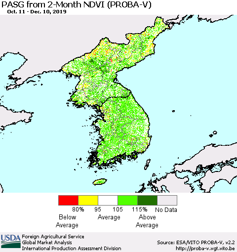 Korea PASG from 2-Month NDVI (PROBA-V) Thematic Map For 12/1/2019 - 12/10/2019