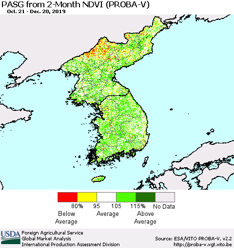 Korea PASG from 2-Month NDVI (PROBA-V) Thematic Map For 12/11/2019 - 12/20/2019