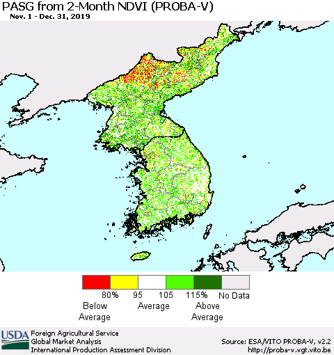Korea PASG from 2-Month NDVI (PROBA-V) Thematic Map For 12/21/2019 - 12/31/2019