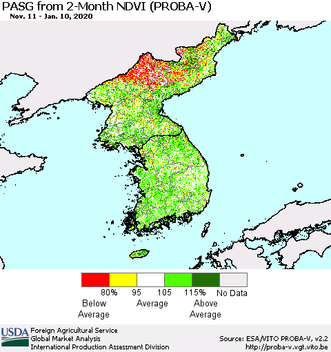 Korea PASG from 2-Month NDVI (PROBA-V) Thematic Map For 1/1/2020 - 1/10/2020
